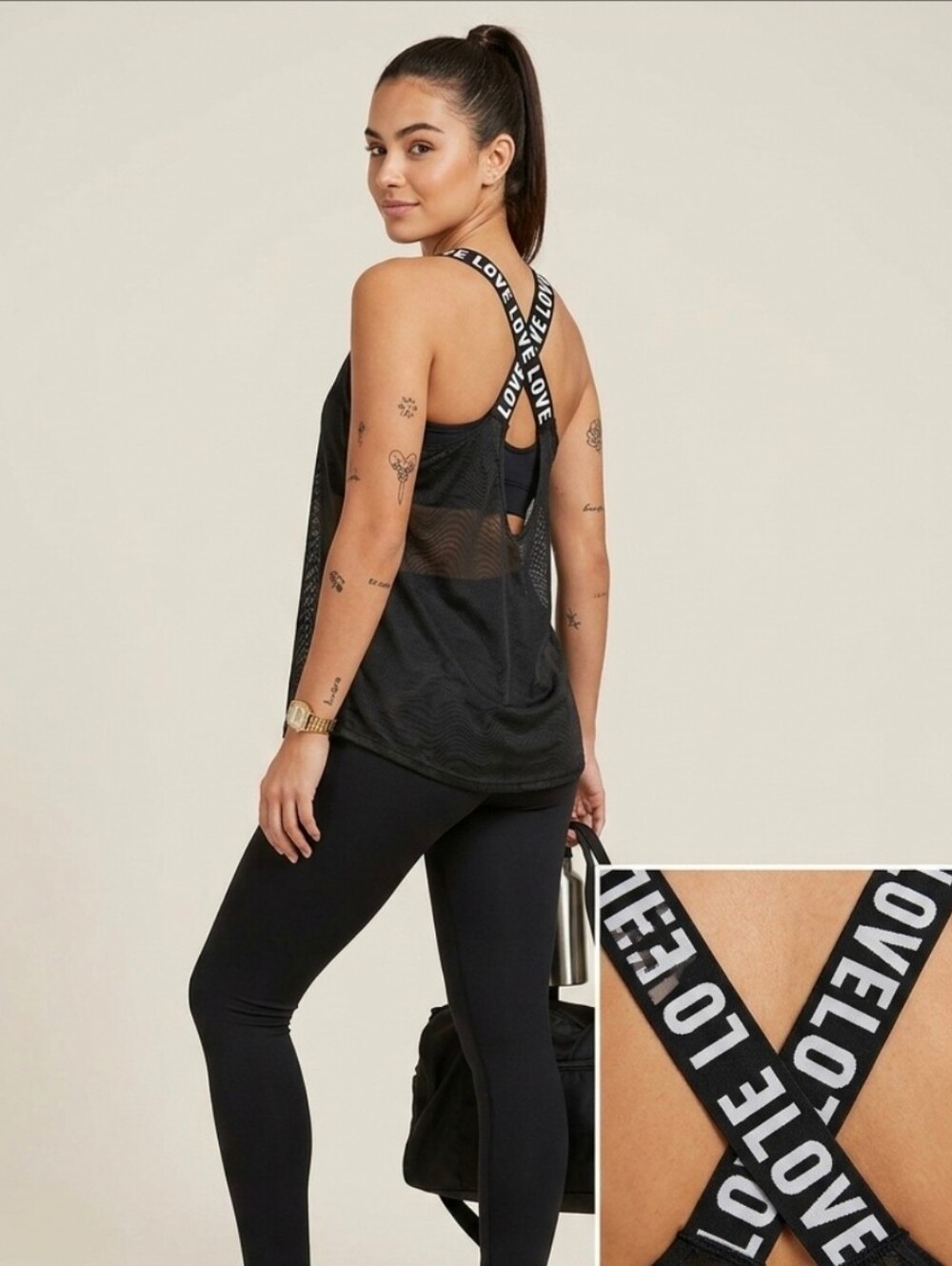 Black Tank Top Size Medium M Gym Fitness Shirt Open Back Workout Wear LOVE New